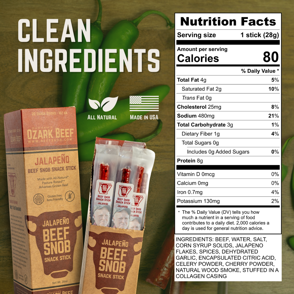 Beef Snob Snack Sticks — Jalapeno (Box of 20)